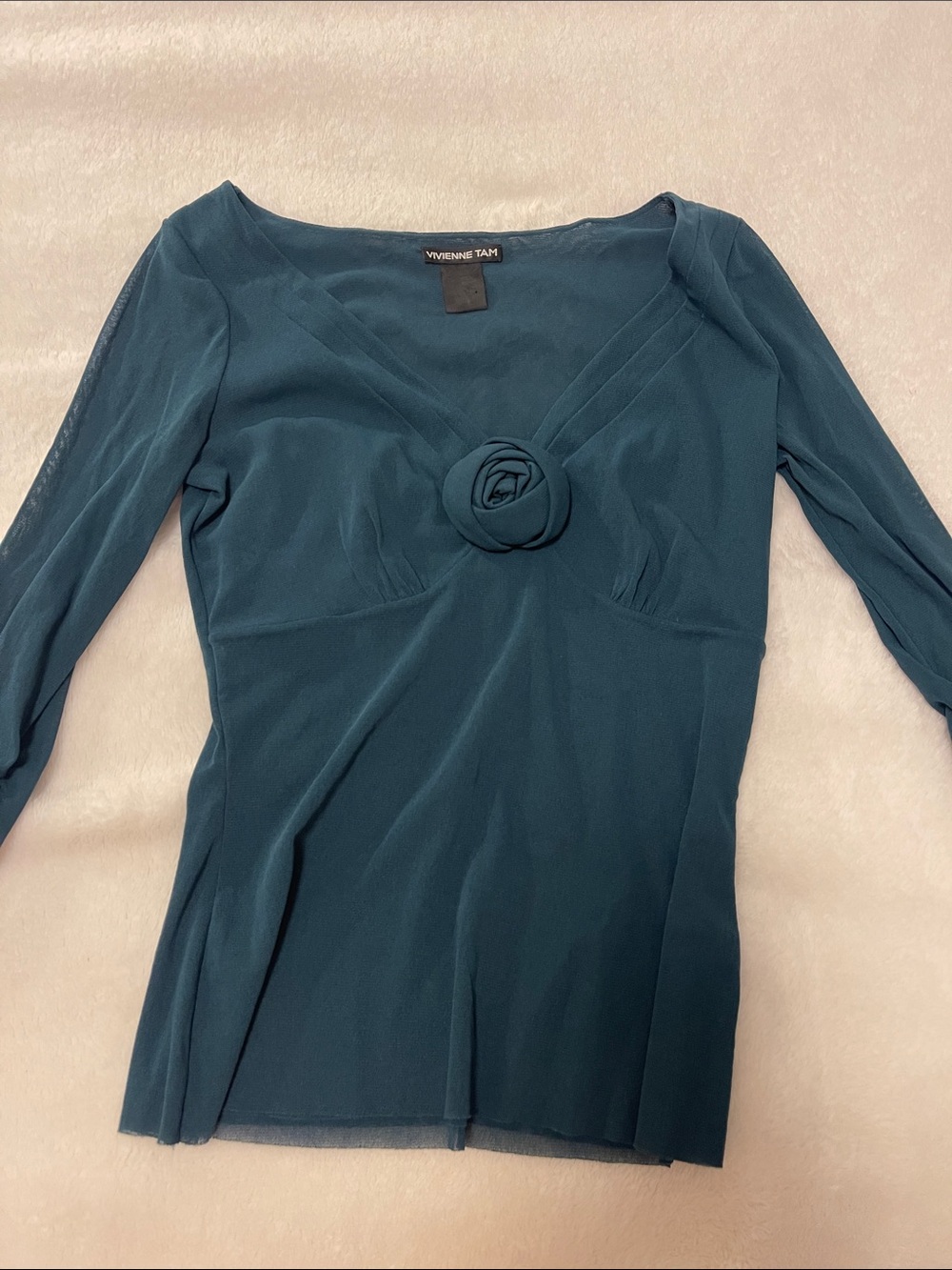 Vivienne Tam Teal Long-Sleeve Blouse with Rosette Accent